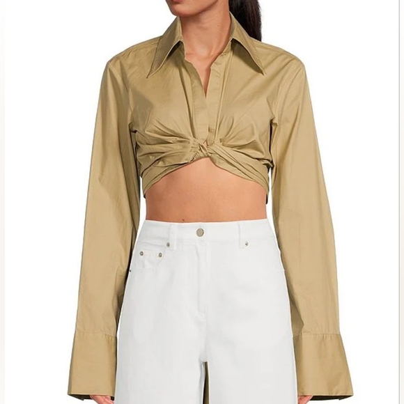 Ronny Kobo Palmer Cotton Poplin Long Sleeve Bare Midriff Tie-Back Tan Top Medium - Picture 2 of 15